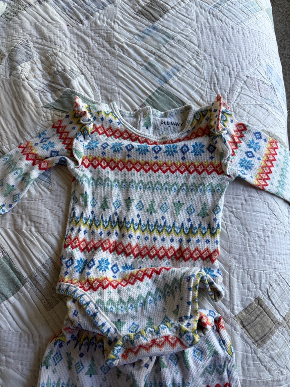 Old Navy Multicolor Fair Isle Ruffle-Shoulder Baby One-Piece with matching pants